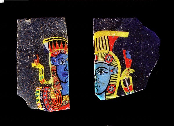 Glass fragments, two half faces of the goddess Hathor