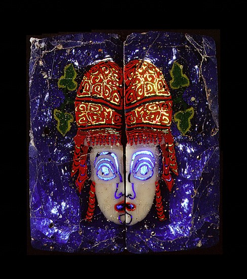 Glass fragment, a hetaira ( courtesan ) theatrical half mask