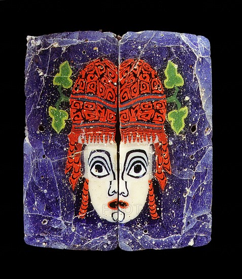 Glass fragment, a hetaira ( courtesan ) theatrical half mask