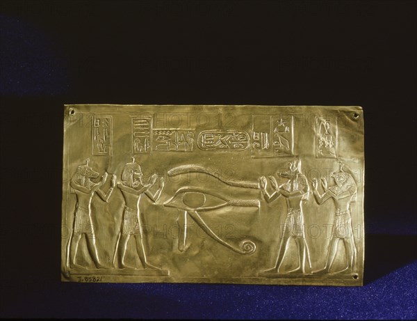 Incised and stamped gold plaque found placed over the abdominal incision in the mummified body of the king Psusennes I