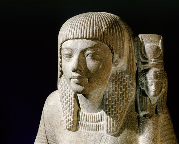 Statuette identified as either a priest of Hathor or of Mut, wife of the God Amun, found in the court of the temple of Amun at Karnak