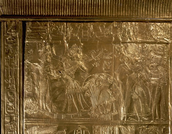 A detail of the gilt shrine of Tutankhamun which originally contained statuettes of the royal couple