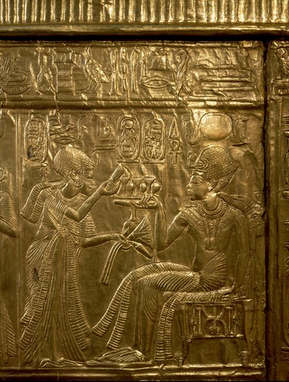 A detail of the gilt shrine of Tutankhamun which originally contained statuettes of the royal couple