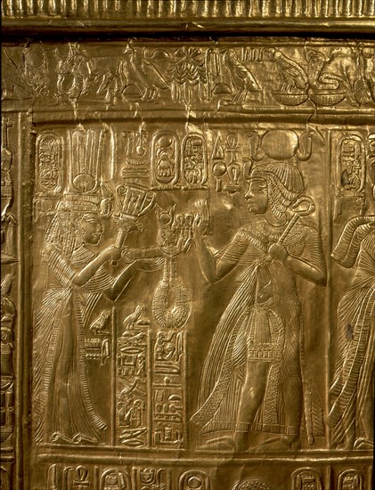 A detail of the gilt shrine of Tutankhamun which originally contained statuettes of the royal couple