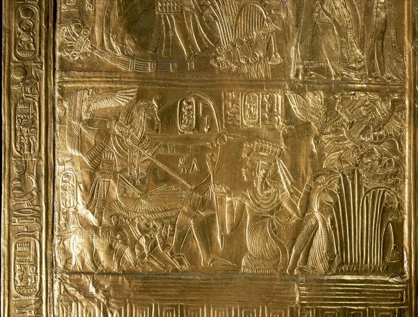 A detail of the gilt shrine of Tutankhamun which originally contained statuettes of the royal couple