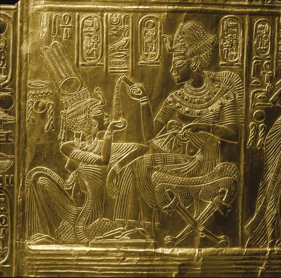 A detail of the gilt shrine of Tutankhamun which originally contained statuettes of the royal couple