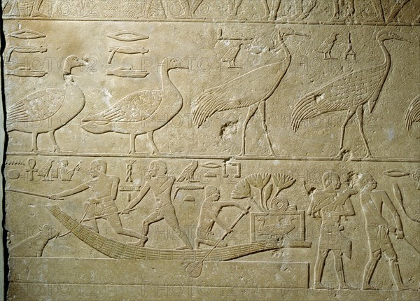 A relief showing a variety of fowl and the hunters returning in papyrus reed boats with the captured birds in baskets