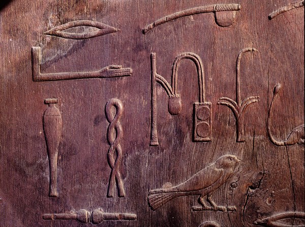 Detail of hieroglyphs on one of six panels from the mastaba of Hesire, a high official of King Zoser who was Chief of Dentists and Physicians