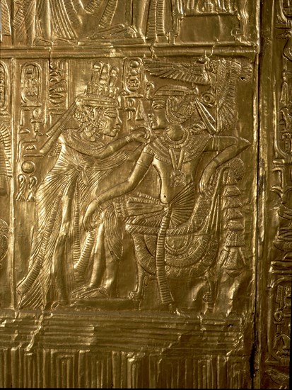 A detail of the gilt shrine of Tutankhamun which originally contained statuettes of the royal couple