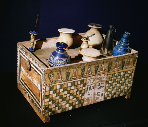 Decorated box of flasks and jars holding fragrances and cosmetics from the tomb of Merit, wife of royal architect Ka