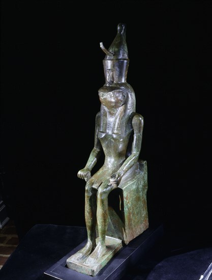 Figure of the god Horus in his falcon head aspect wearing the double crown