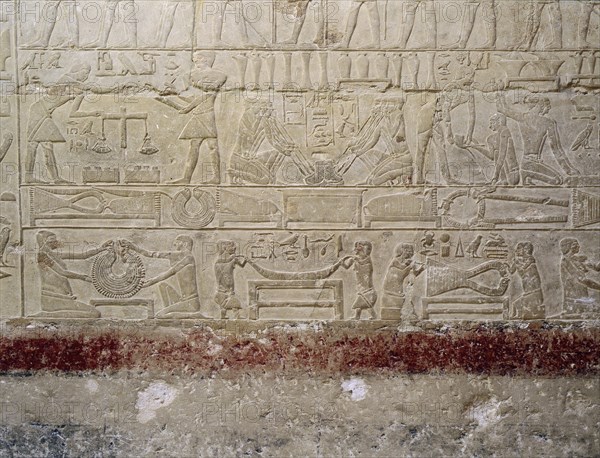 A relief in the tomb of Mereruka showing metalworkers and dwarfs employed in the manufacture of jewellery
