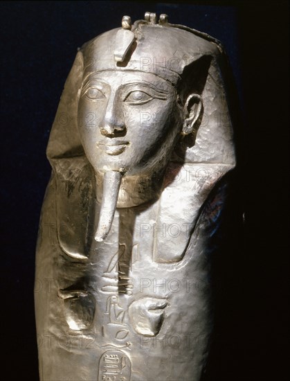 One of a set of four miniature silver canopic coffins used to preserve the internal organs of the king Shoshenq II