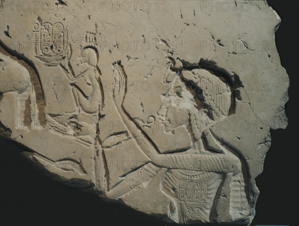 A detail of a relief showing Nefertiti worshipping the Aten