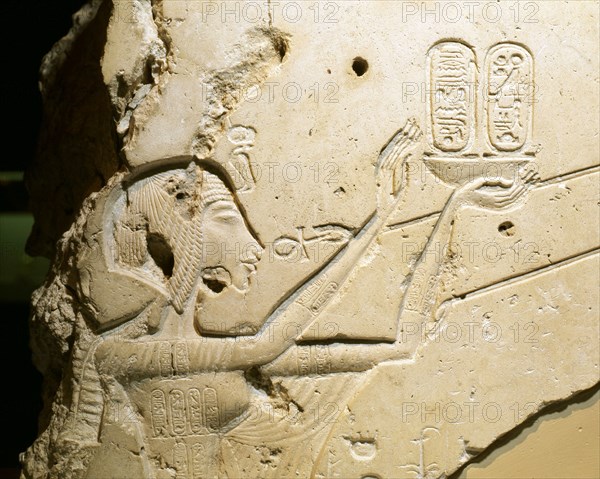 A detail of a relief showing Nefertiti worshipping the Aten