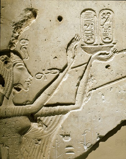A detail of a relief showing Nefertiti worshipping the Aten