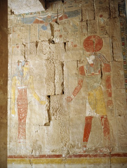 A detail of a painted relief in a private tomb depicting the sun god Ra