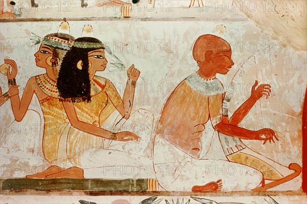 A detail of a painting from the tomb of Nakht depicting a blind harpist at a banquet