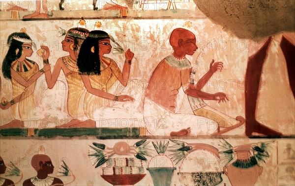 A detail of a painting from the tomb of Nakht depicting a blind harpist at a banquet