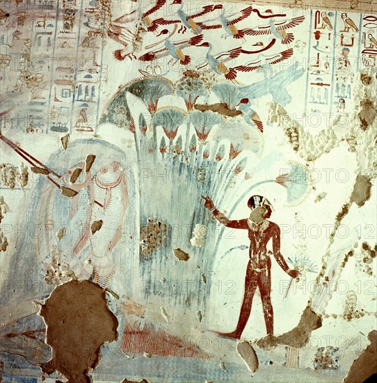 Detail of a tomb painting showing gathering of papyrus and lotus