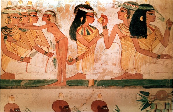 A detail of a painting from the tomb of Nakht depicting three ladies at a feast