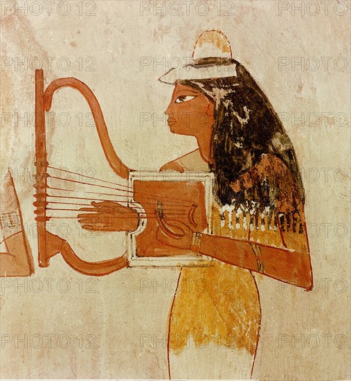 A detail of a wall painting in the tomb of Zeserkaresonb depicting a lady playing a lyre