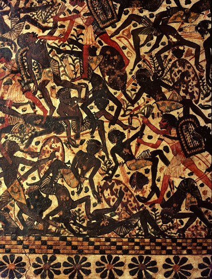 A scene painted on the side of a casket of Tutankhamun depicting a battle against the Nubians