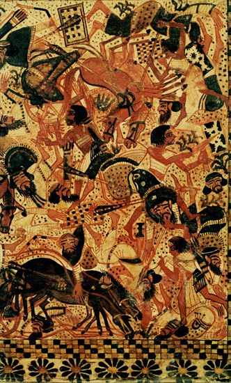 A scene painted on the side of a casket of Tutankhamun depicting a battle against the Syrians, Egypts traditional enemies from the north