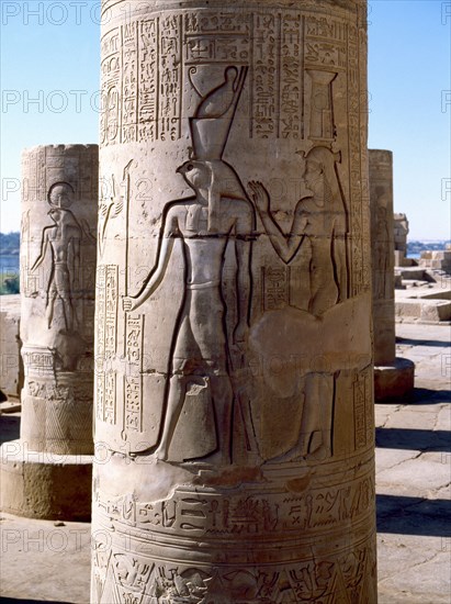 Detail from one of the pillars in the forecourt of Kom Ombo, the temple dedicated to the gods Sebek and Haroeris Horus the Elder