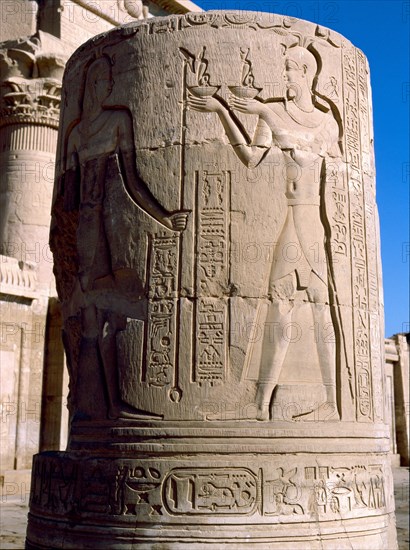 Detail from one of the pillars in the forecourt of Kom Ombo, the temple dedicated to the gods Sebek and Haroeris Horus the Elder