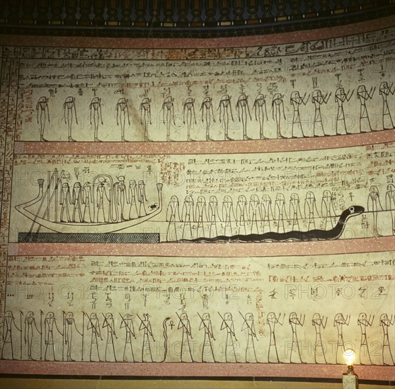 A wall in the tomb of Tuthmosis III painted with a scene from the Am Duat, The Book of That Which is the Netherworld which contained spells needed to protect the soul of the deceased on the voyage through the Netherworld