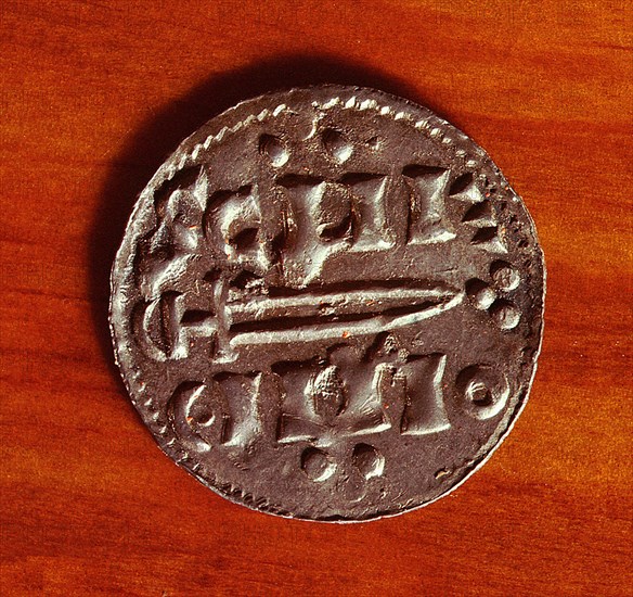 Obverse of a silver penny of the Viking kingdom of York, St Peter Sword type