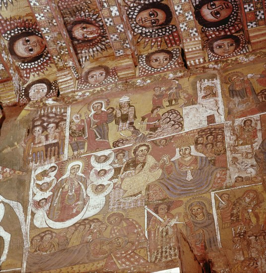 Painted walls at the church of Debra Berhan, Gondar