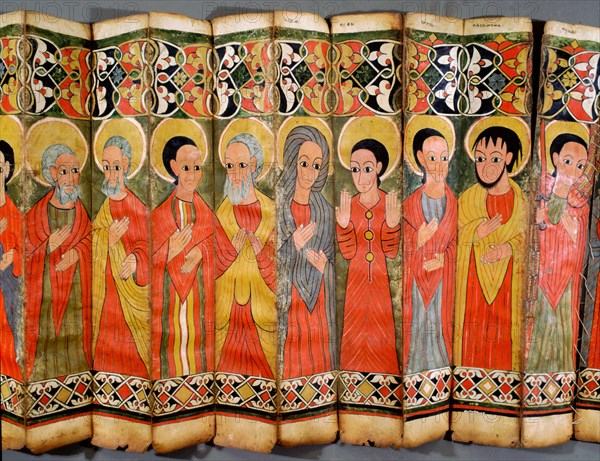 A fragment of a ceremonial fan depicting Ethiopian saints