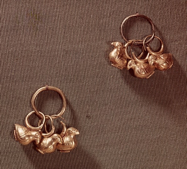 A pair of earrings with bird shaped pendants