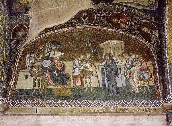 A mosaic panel in the church of St Saviour in Chora, (Kariye Djami), Istanbul, depicting a scene in which the Virgin Mary and St Joseph enrol for taxation