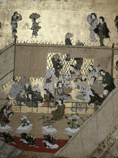 A screen depicting the popular festivities that took place at Shijo gawa, Kyoto