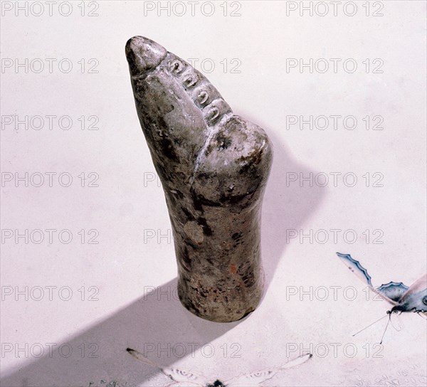 A model of a lily foot, possibly used as a teaching model for the process of binding girls feet with the aim of creating the tiny feet which were considered to be beautiful and erotic