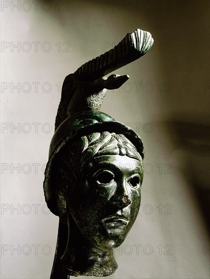 Head of a female deity, probably the Celtic goddess Brigit or Birgit, although inspired by the Roman goddess Minerva