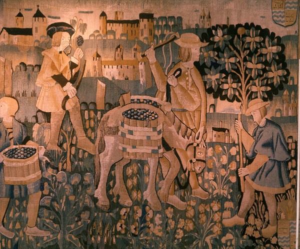 A detail of a tapestry depicting work in the vineyards