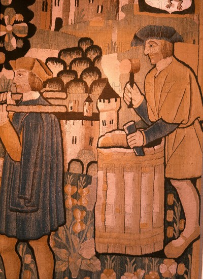 A detail of a tapestry depicting work in the vineyards