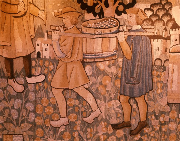 A detail of a tapestry depicting work in the vineyards