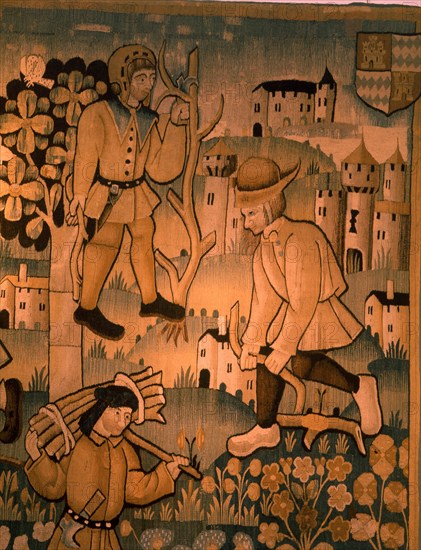 A detail of a tapestry depicting work in the vineyards