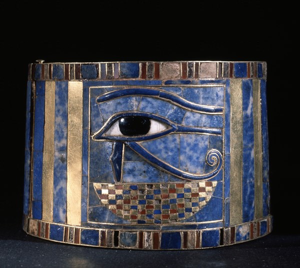 One of a pair of bracelets found on Shoshenq IIs body with representations of the Wedjat eye upon a basket