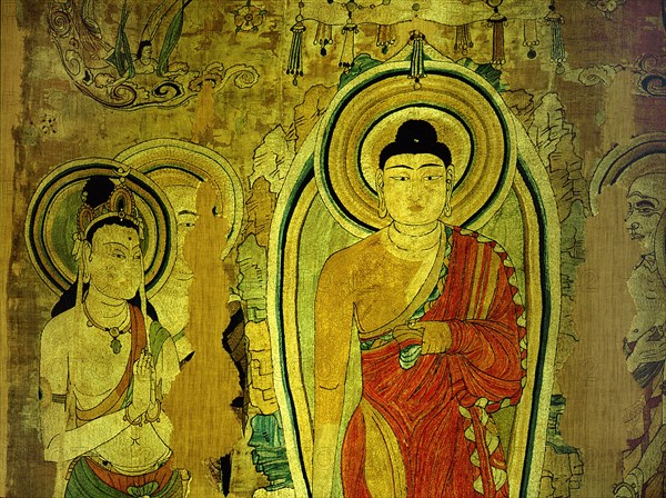 Detail of an embroidered silk banner of the Buddha Sakyamuni preaching on Vulture Peak