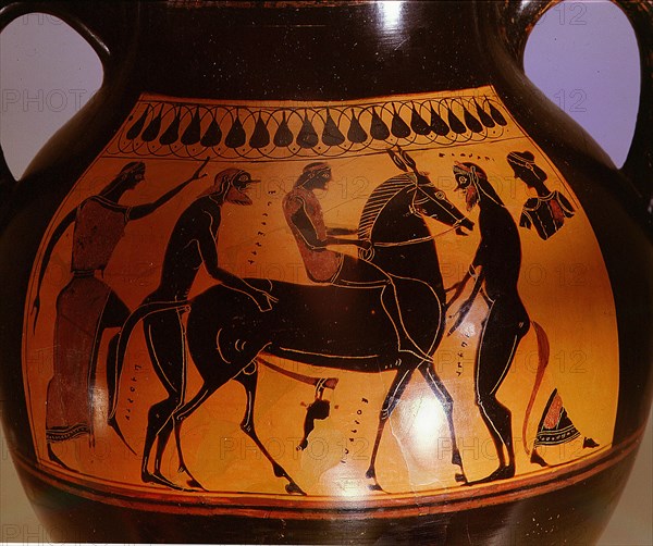 Detail of the black figured Athenian amphora with the scene from the cult of Dionysus