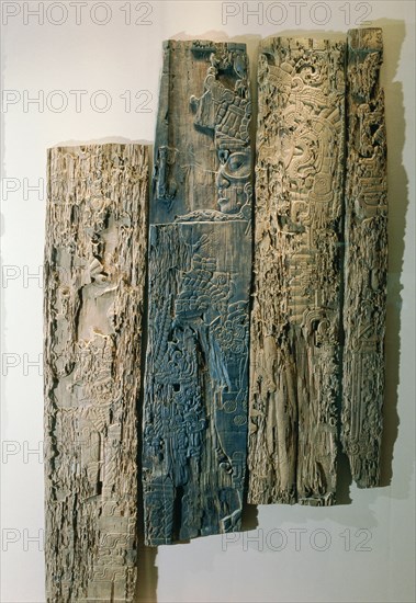 A carved wood lintel from Temple IV at Tikal, collected in 1877 by the explorer Gustav Bernoulli