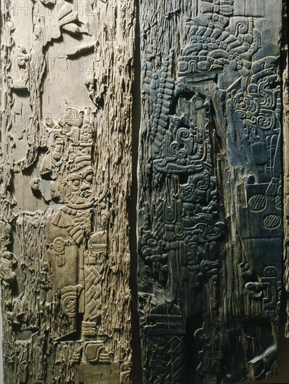 Detail of a carved wood lintel from Temple IV at Tikal, collected in 1877 by the explorer Gustav Bernoulli