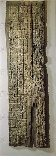 Glyphs on a carved wood lintel from Temple IV at Tikal, collected in 1877 by the explorer Gustav Bernoulli