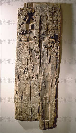 A carved wood lintel from Temple IV at Tikal, collected in 1877 by the explorer Gustav Bernoulli